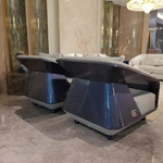 Light Beige Leather Sofa Set with Dark Blue High-Gloss Accents & Stainless Steel Trim